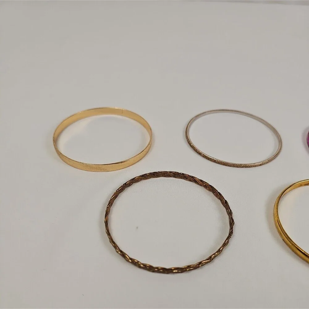 Lot of 5 Assorted Bangle Bracelets Gold Silver Tone Pink Enamel Mixed Designs